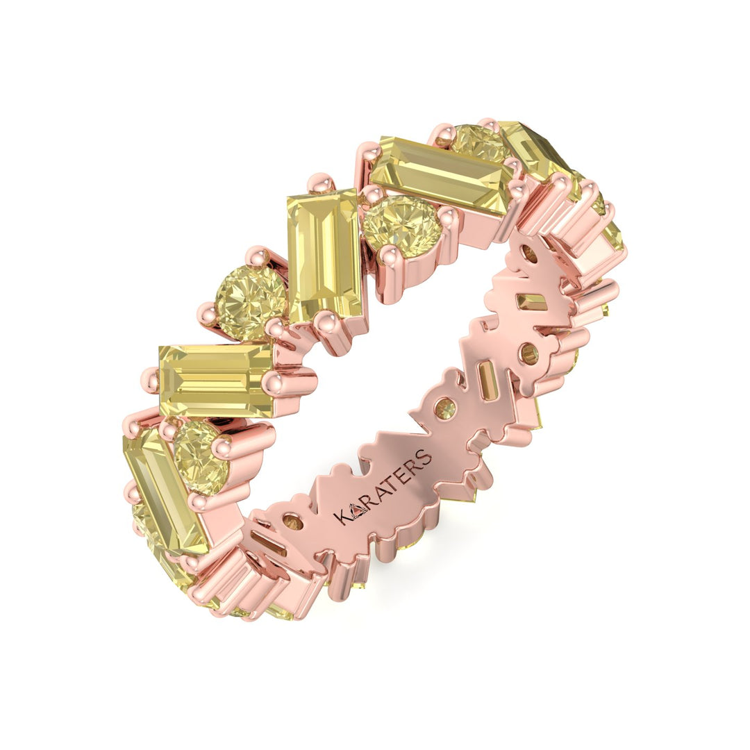 Fancy Yellow Lab Grown Diamond Band with Baguette and Round Shapes Rose Gold 14K 