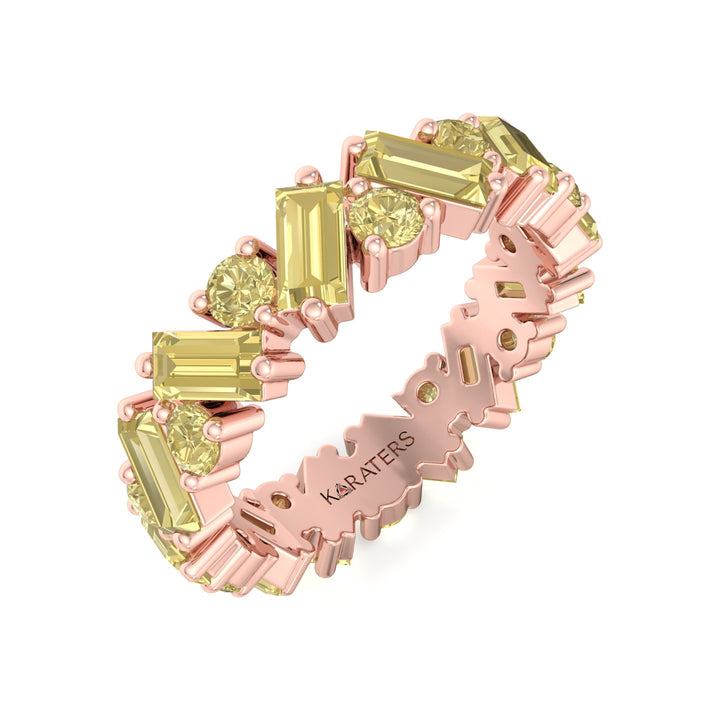Fancy Yellow Lab Grown Diamond Band with Baguette and Round Shapes Rose Gold 14K 