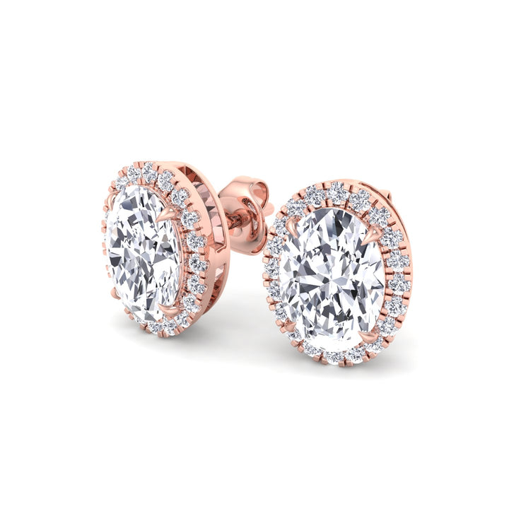 Oval Shape Lab Grown Diamond Halo Studs Rose Gold