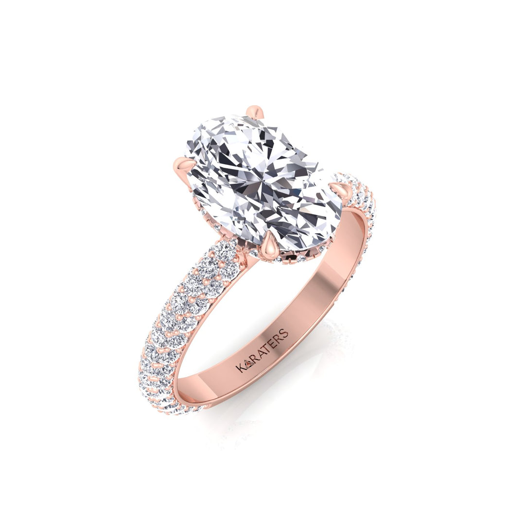 Oval Shape Lab-Grown Diamond Invisible Halo Engagement Ring with Three Row Pave Band Rose Gold 118K
