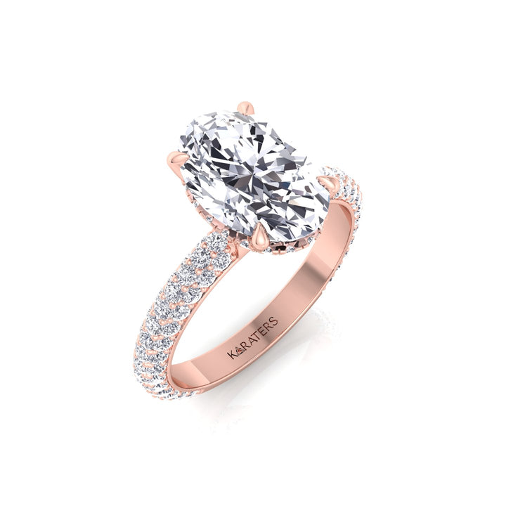 Oval Shape Lab-Grown Diamond Invisible Halo Engagement Ring with Three Row Pave Band Rose Gold 118K