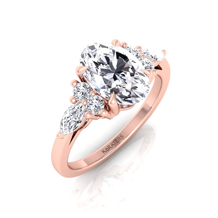 Oval Cut Lab Grown Diamond Engagement Ring with Round and Marquise SideStones Rose Gold 18K
