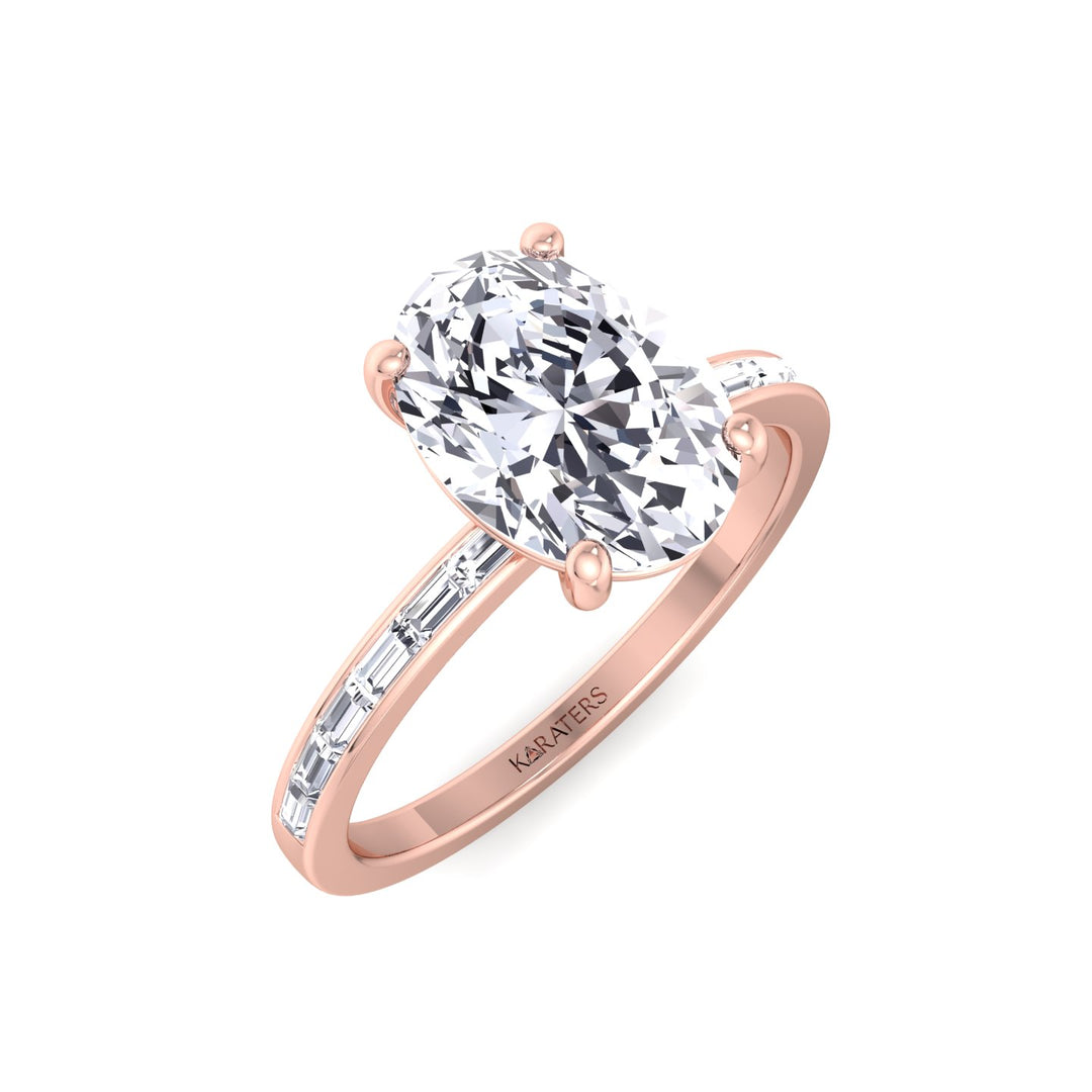 Oval Cut Lab Grown Diamond Engagement Ring with Baguette Channel Band-1CT-2CT-3CT-4CT-5CT-6CT-7CT-8CT-9CT-10CT-14K-Rose Gold