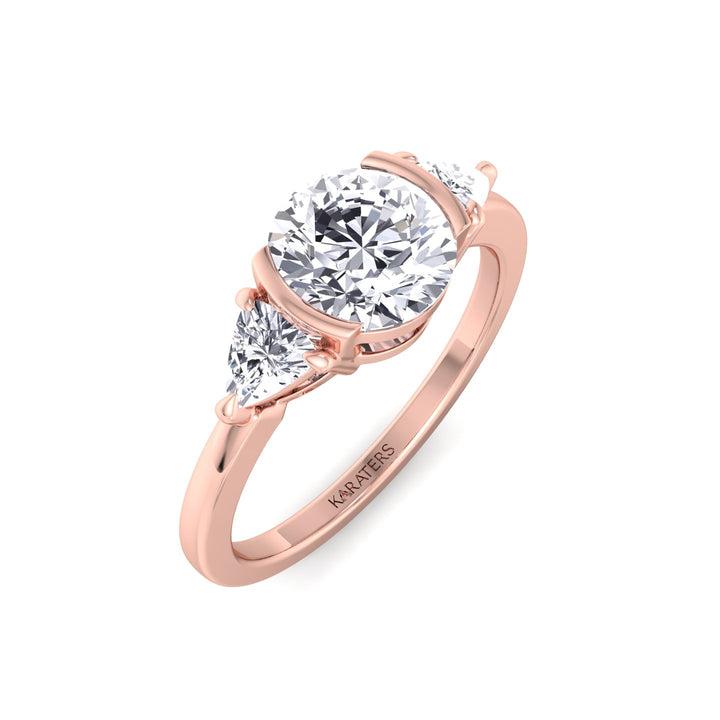 Half Bezel Round Shape Lab-Grown Diamond Engagement Ring with Trillion Sidestones Rose Gold 18K