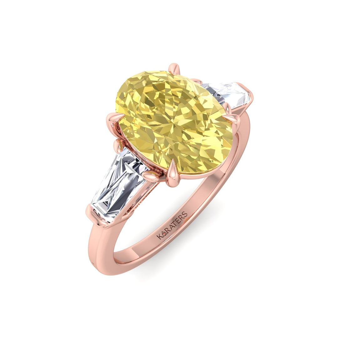 Fancy Yellow Oval Shape Lab Grown Diamond Engagement Ring with Tapered Baguette Sidestones Rose Gold 18K