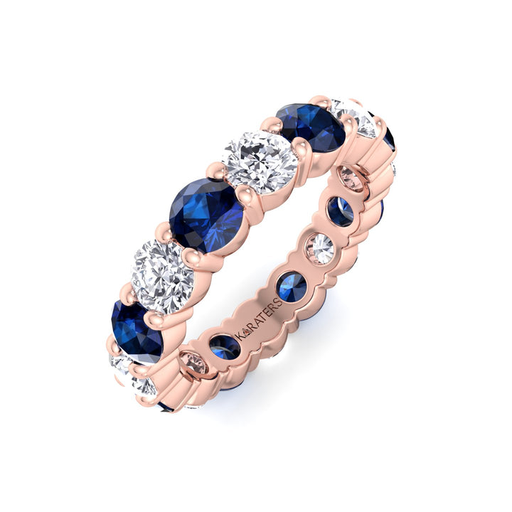Alternating Round Shape Lab Grown Blue Sapphire and Diamonds Eternity Band Rose Gold 18K