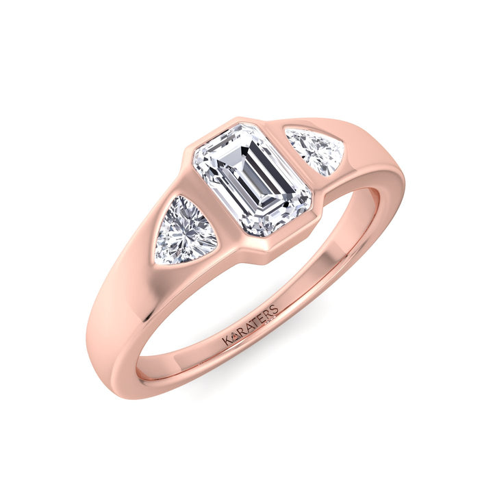 Bezel Set Emerald Lab Grown Diamond with Trillion Sidestones Engagement Ring Rose Gold 14K