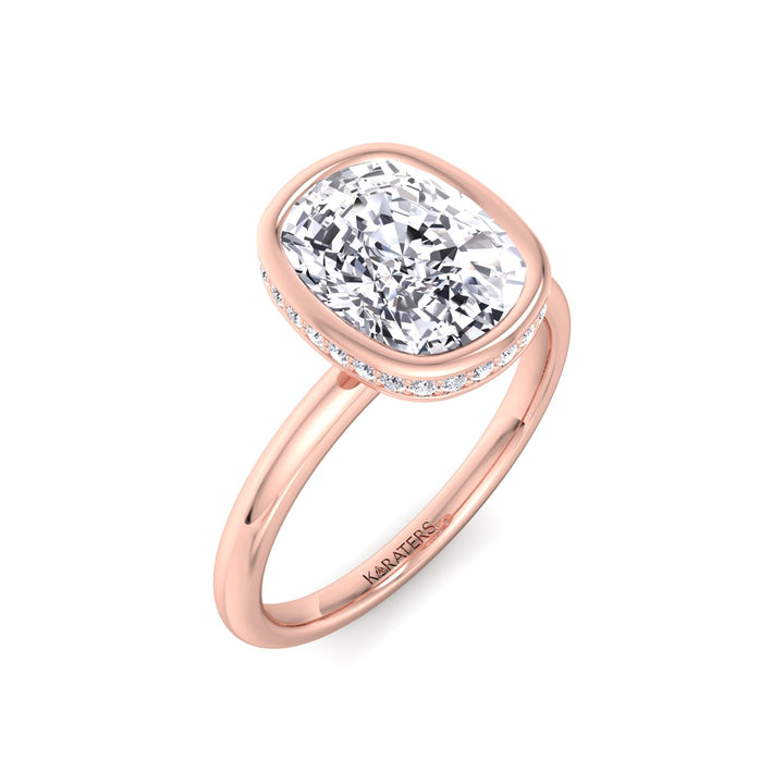 Bezel Set Cushion Cut Lab Grown Diamond Engagement Ring with Hidden Halo Rose Gold 18K
