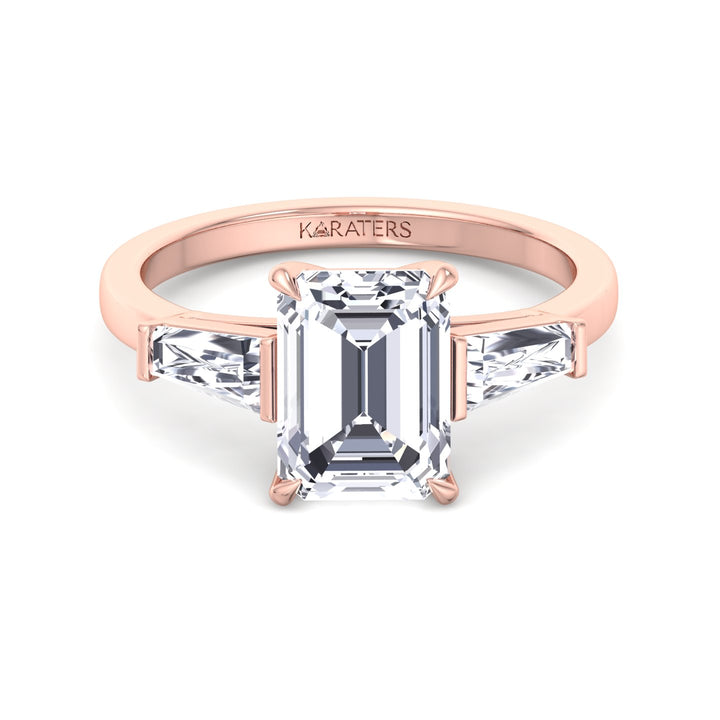 Emerald Cut Grown Diamond Solitaire Engagement Ring With Tapered Baguette Sidestones Rose Gold 14K 18K