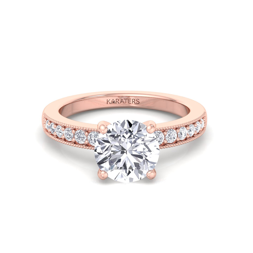 Vintage Round Shape Lab Grown Diamond Engagement Ring with Channel Set Side Stones Rose Gold 14K 