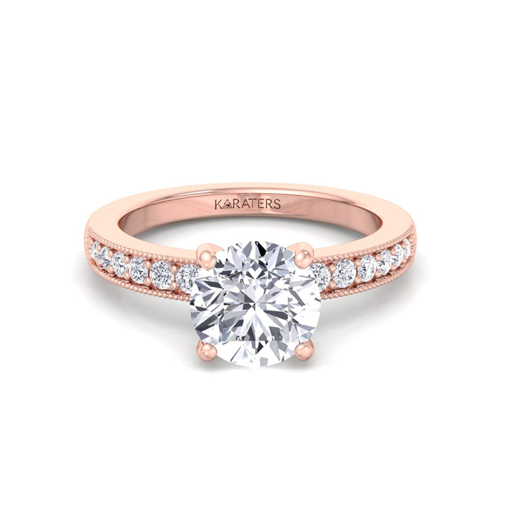 Vintage Round Shape Lab Grown Diamond Engagement Ring with Channel Set Side Stones Rose Gold 14K 