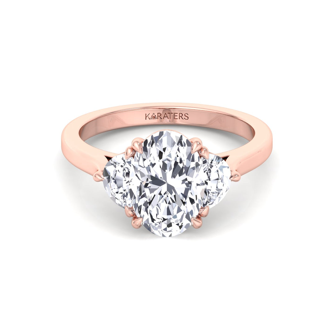 Oval Shape Lab Grown Diamond Engagement Ring with Half Moon Sidestones Rose Gold 14K