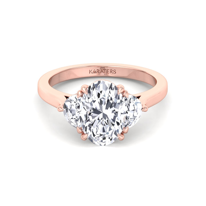 Oval Shape Lab Grown Diamond Engagement Ring with Half Moon Sidestones Rose Gold 14K