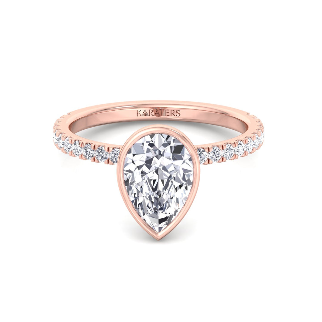 Bezel Set Pear Shape Lab Grown Diamond Engagement Ring With Pave Band Rose Gold 14K