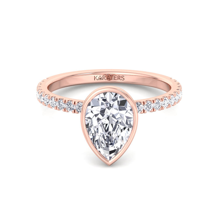 Bezel Set Pear Shape Lab Grown Diamond Engagement Ring With Pave Band Rose Gold 14K