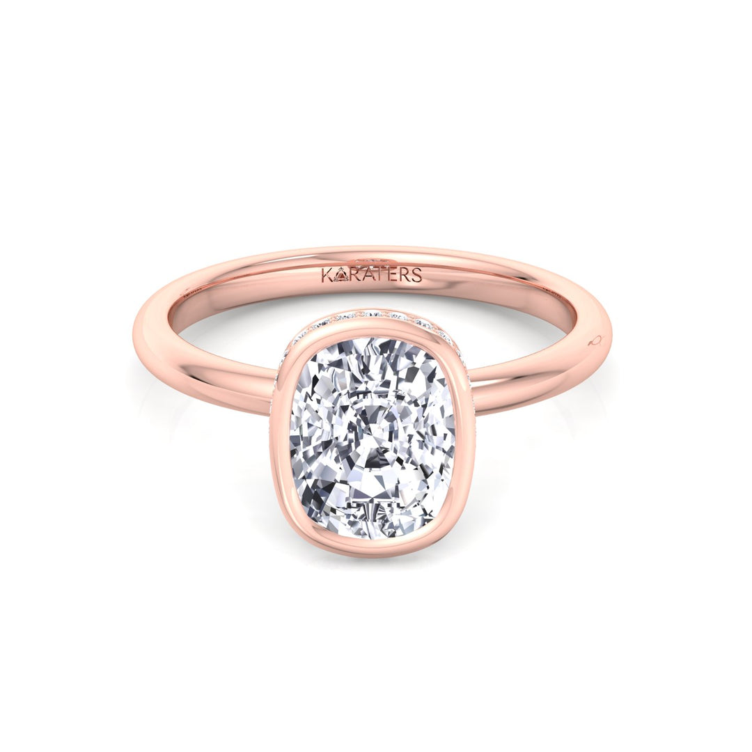 Bezel Set Cushion Cut Lab Grown Diamond Engagement Ring with Hidden Halo Rose Gold 14K 