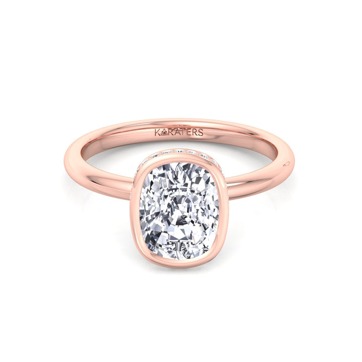 Bezel Set Cushion Cut Lab Grown Diamond Engagement Ring with Hidden Halo Rose Gold 14K 
