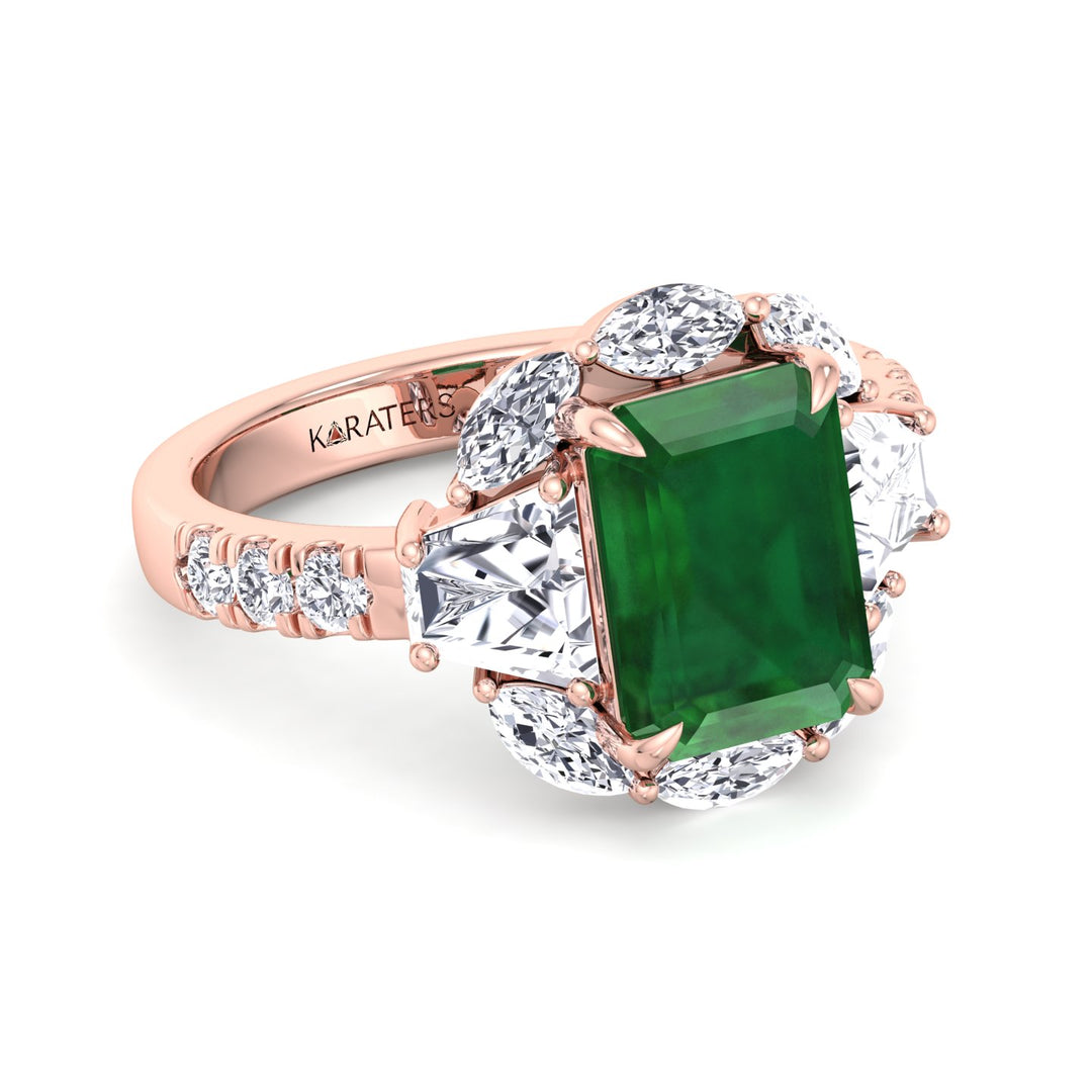RG Green Emerald Lab Grown Diamond with Multiple Side Stone Engagement Ring flat side view