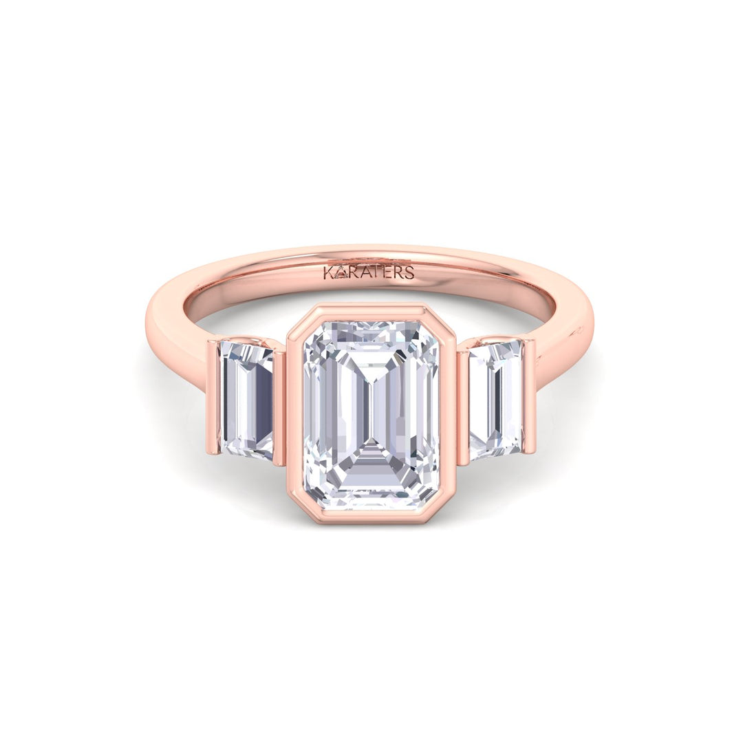 Three Stone Emerald Shape Lab Grow Diamond Engagement Ring Rose Gold 14K