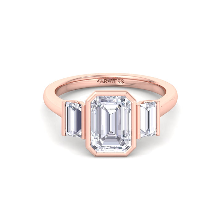 Three Stone Emerald Shape Lab Grow Diamond Engagement Ring Rose Gold 14K