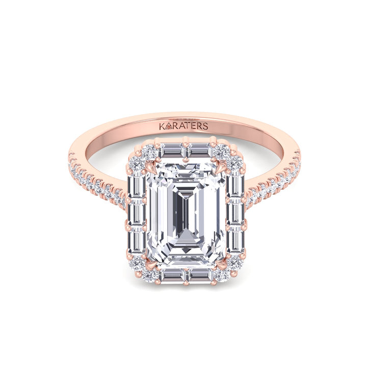 Vintage Emerald Cut Lab-Grown Diamond Engagement Ring with Sidestones Rose Gold 14K 