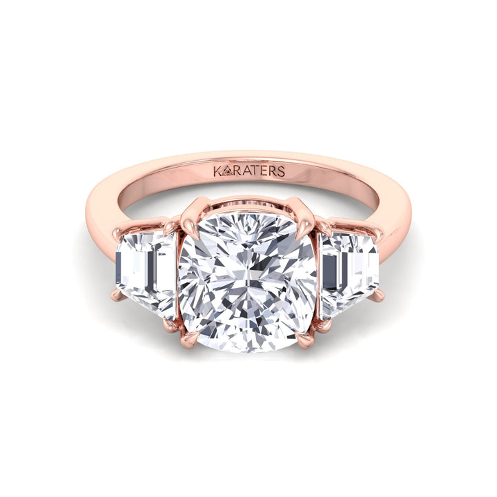 Cushion & Trapezoid Three Stone Lab-Diamond Engagement Ring Rose Gold 14K