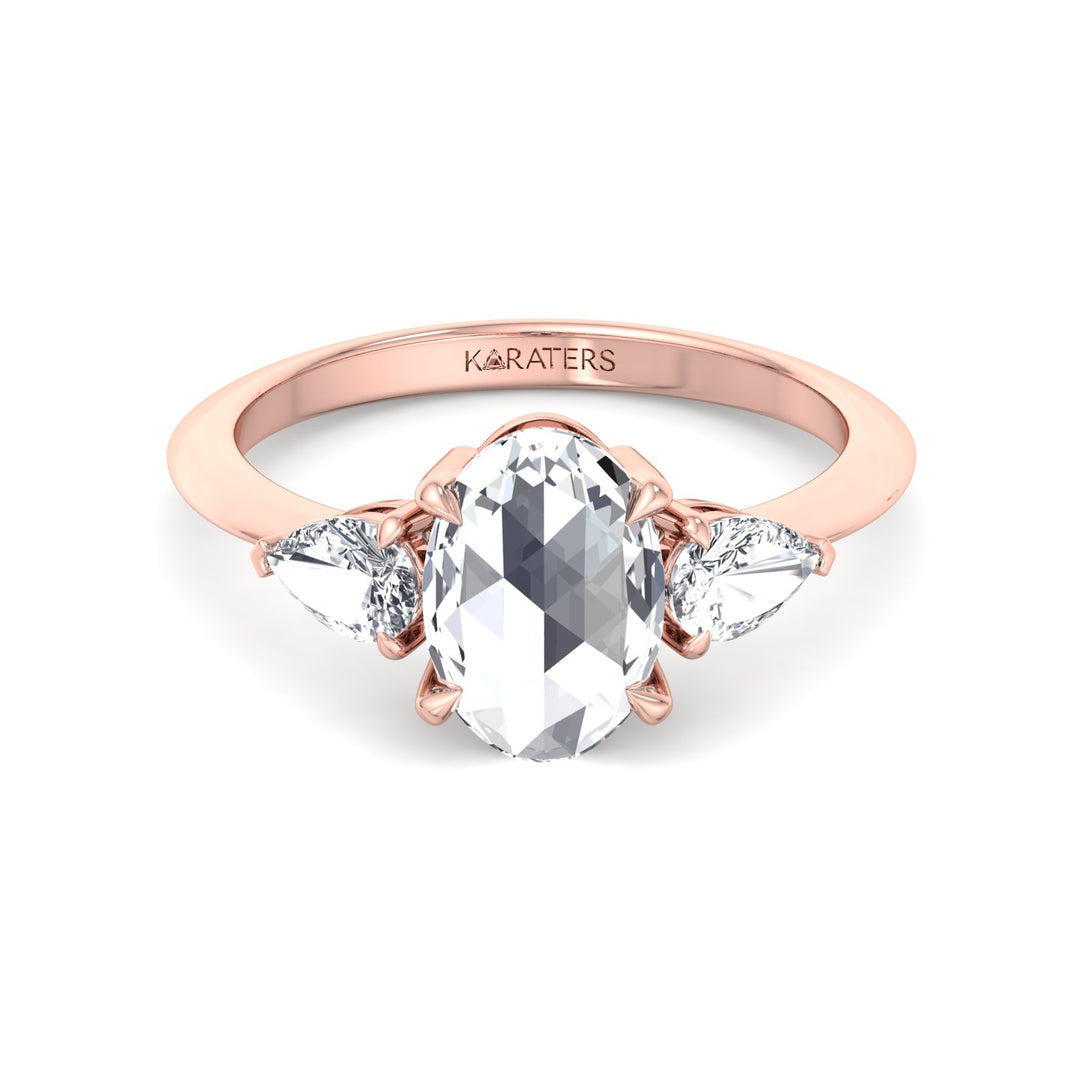 Oval Rose-Cut Lab Grown Diamond Engagement Ring with Pear Sidestones Rose Gold 14K