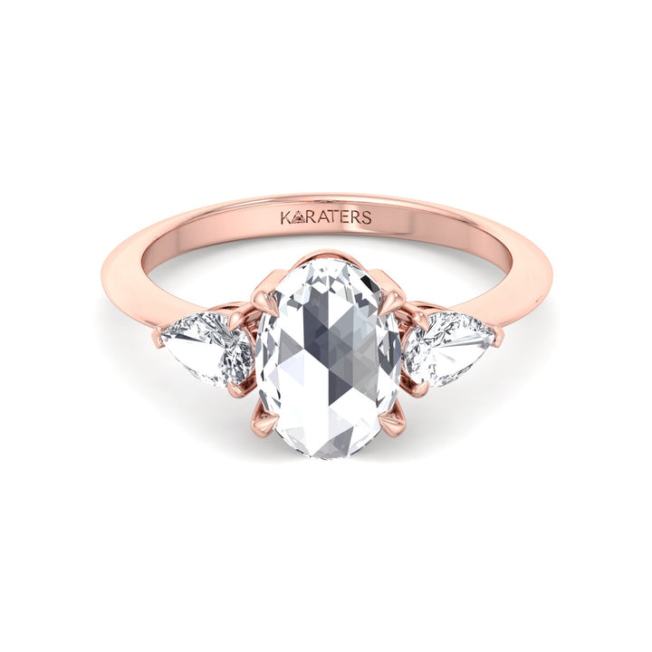 Oval Rose-Cut Lab Grown Diamond Engagement Ring with Pear Sidestones Rose Gold 14K