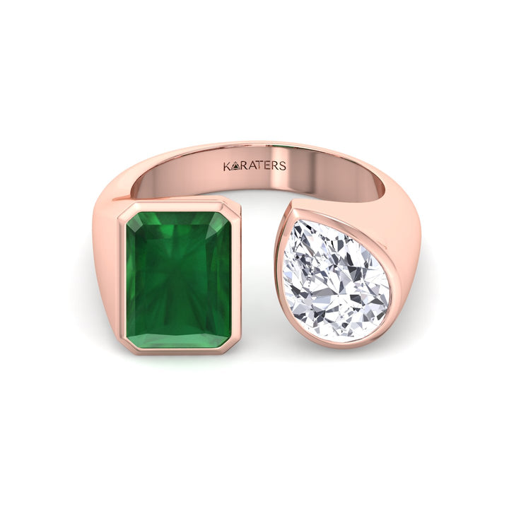 RG Radiant Green Emerald and Pear Shape Bezel Set Lab Grown Diamond front view