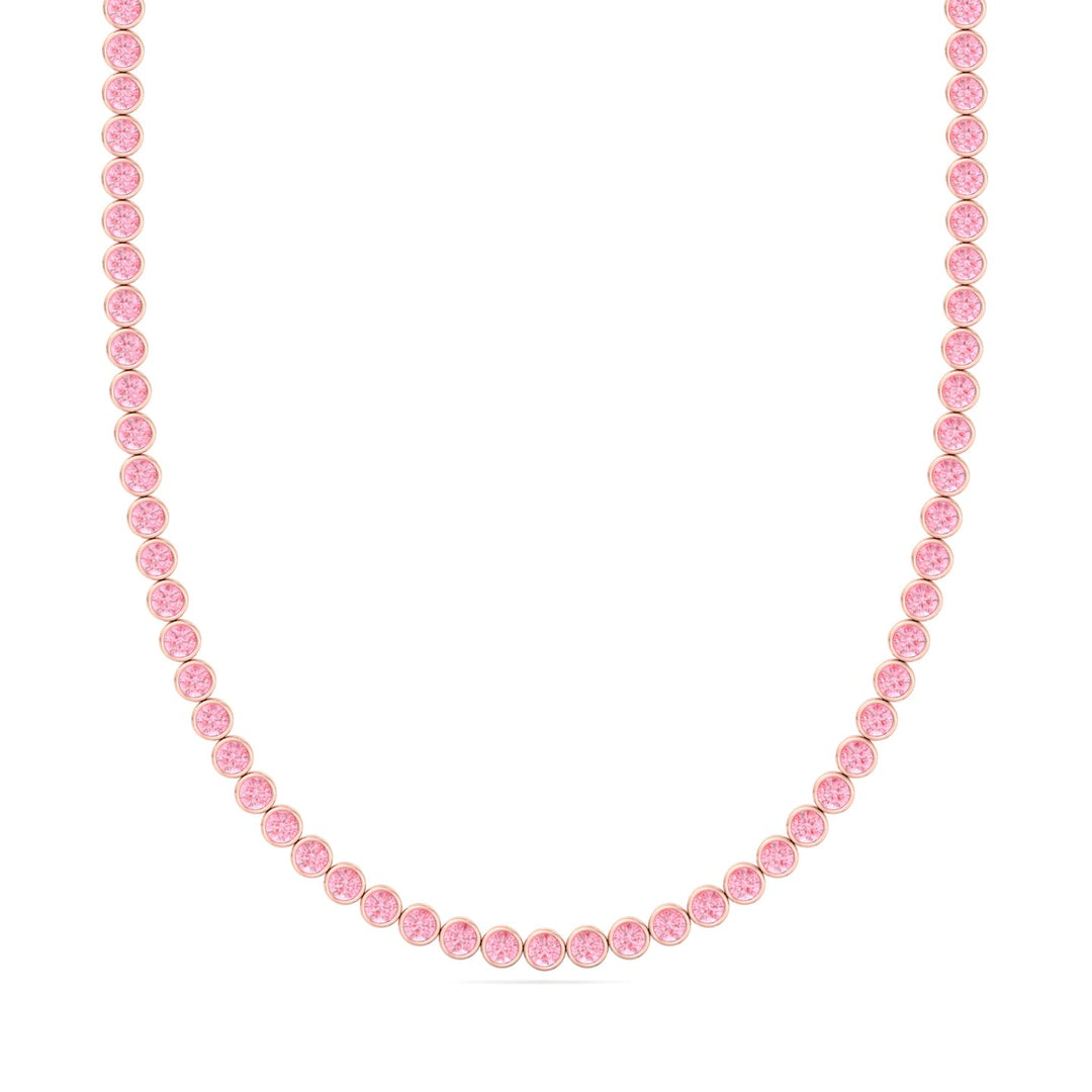 Bezel Set Fancy Pink Lab Grown Diamond Tennis Necklace 18K Rose Gold 