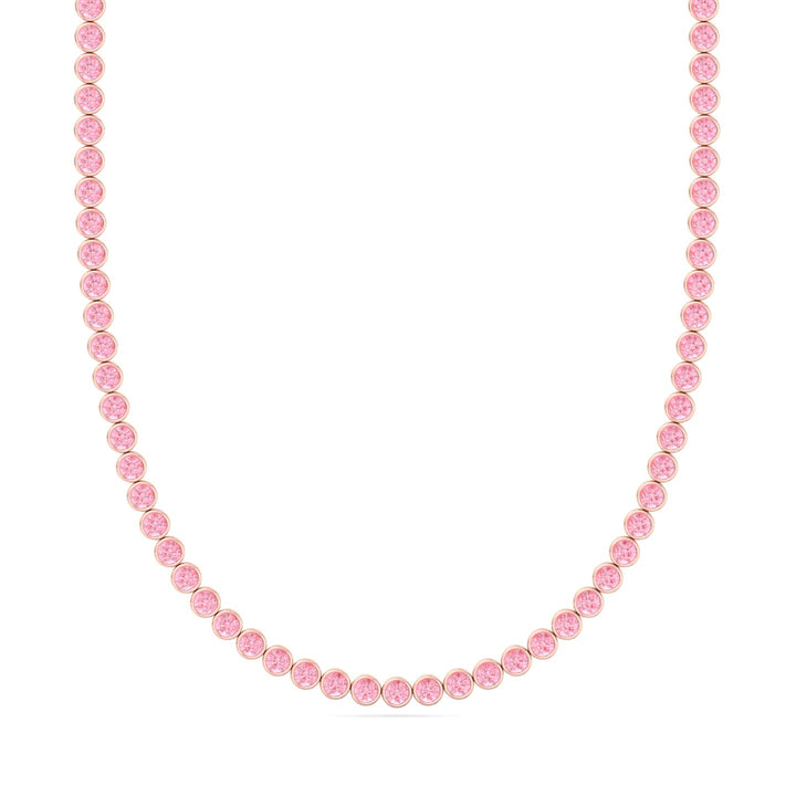 Bezel Set Fancy Pink Lab Grown Diamond Tennis Necklace 18K Rose Gold 