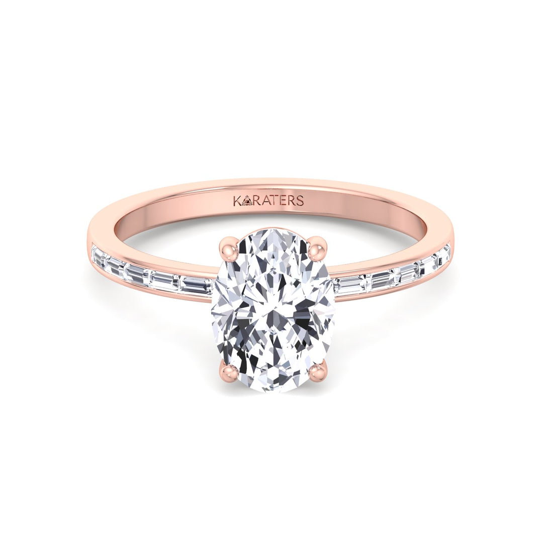 Oval Cut Lab Grown Diamond Engagement Ring with Baguette Channel Band-1CT-2CT-3CT-4CT-5CT-6CT-7CT-8CT-9CT-10CT-18K-Rose Gold