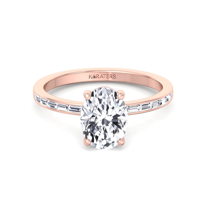 Oval Cut Lab Grown Diamond Engagement Ring with Baguette Channel Band-1CT-2CT-3CT-4CT-5CT-6CT-7CT-8CT-9CT-10CT-18K-Rose Gold