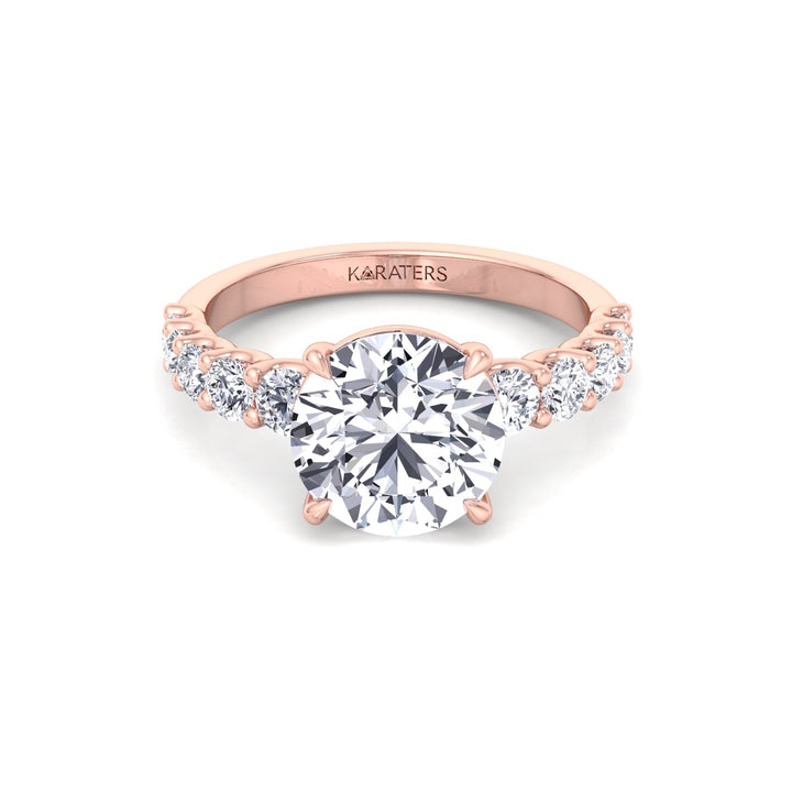 Round Shape Lab Grown Diamond Engagement Ring with Graduated Sidestones Rose Gold 14K
