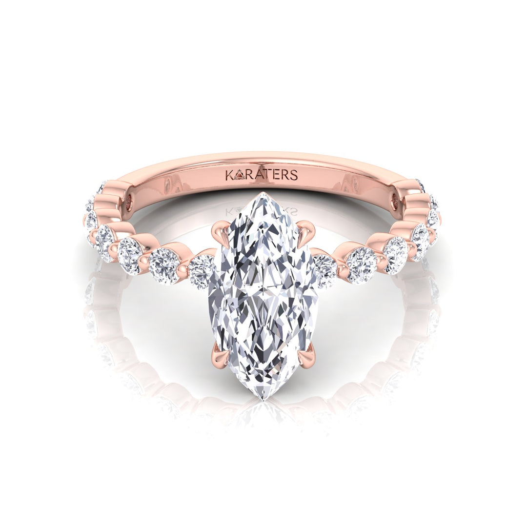 Veloma - Marquise Shape Lab Grown Diamond Engagement Ring with Round Single Prong Side Stones