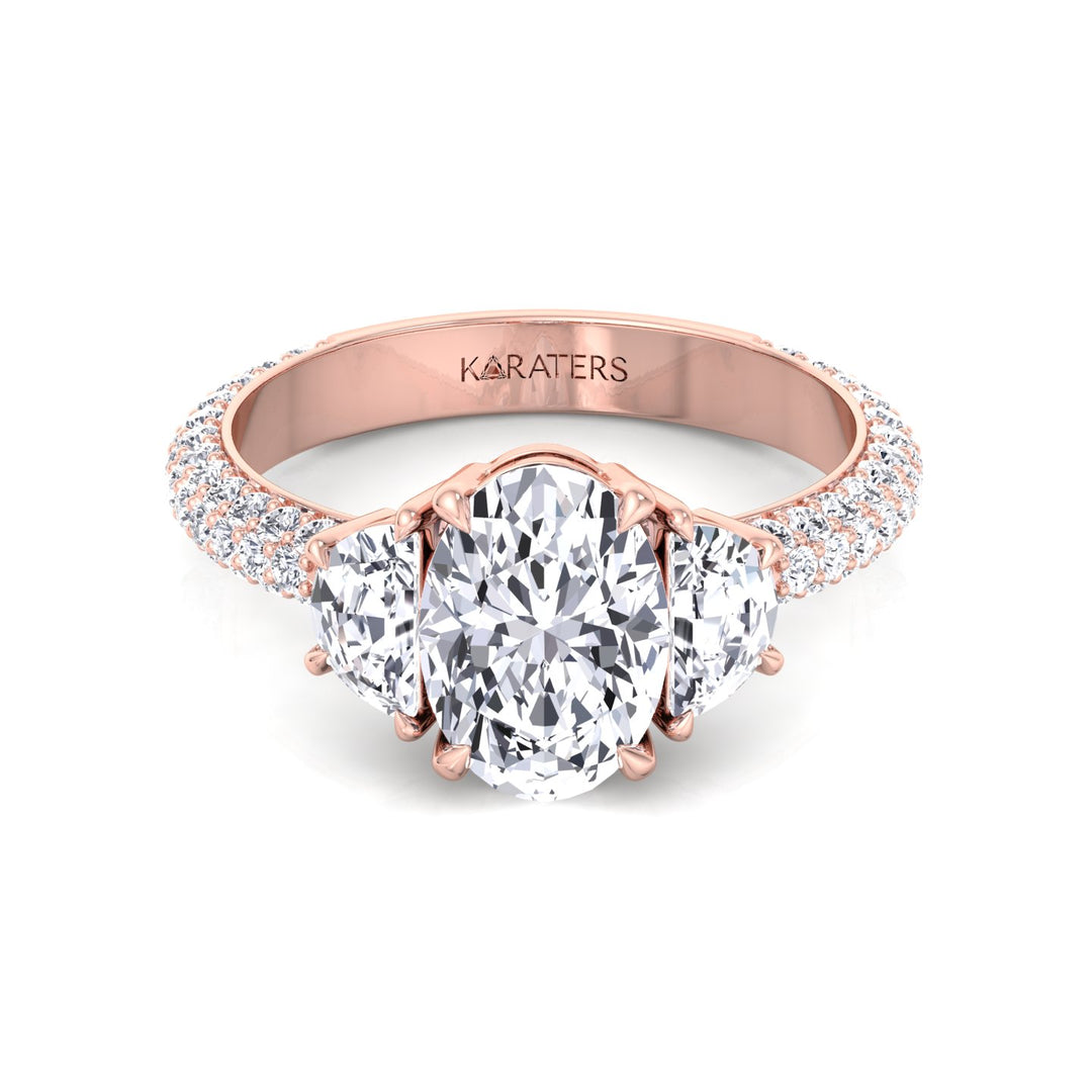 Oval and Half Moon Shape Three Stone Lab Grown Diamond Engagement Ring with Pave Band Rose Gold 14K