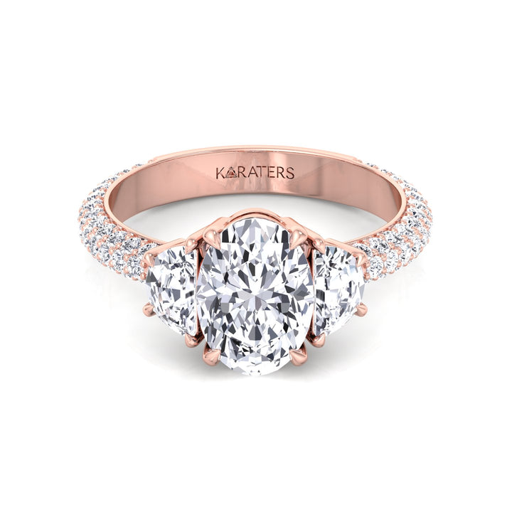 Oval and Half Moon Shape Three Stone Lab Grown Diamond Engagement Ring with Pave Band Rose Gold 14K
