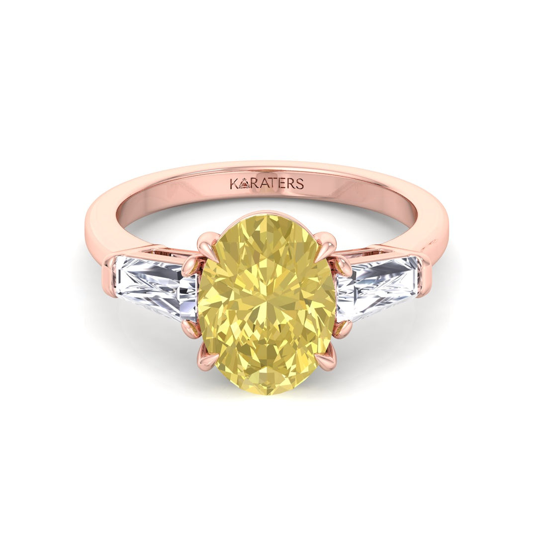 Fancy Yellow Oval Shape Lab Grown Diamond Engagement Ring with Tapered Baguette Sidestones Rose Gold 14K