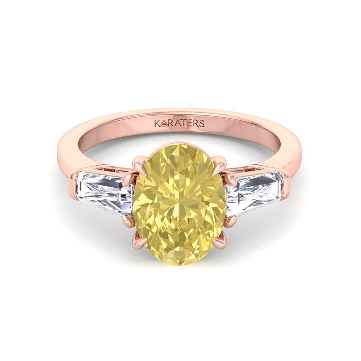 Fancy Yellow Oval Shape Lab Grown Diamond Engagement Ring with Tapered Baguette Sidestones Rose Gold 14K