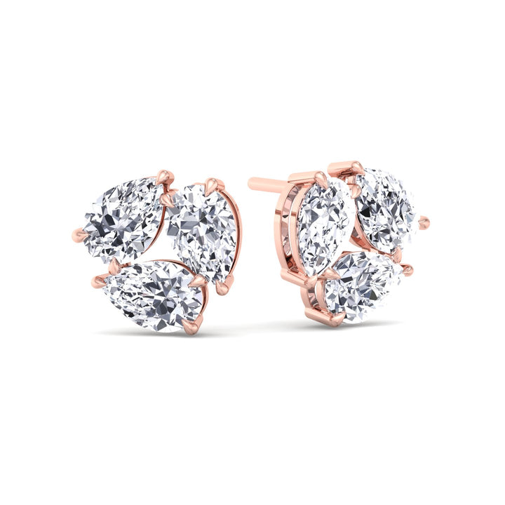 Triple Pear Shape Lab Grown Diamond Cluster Earrings Rose Gold 18K