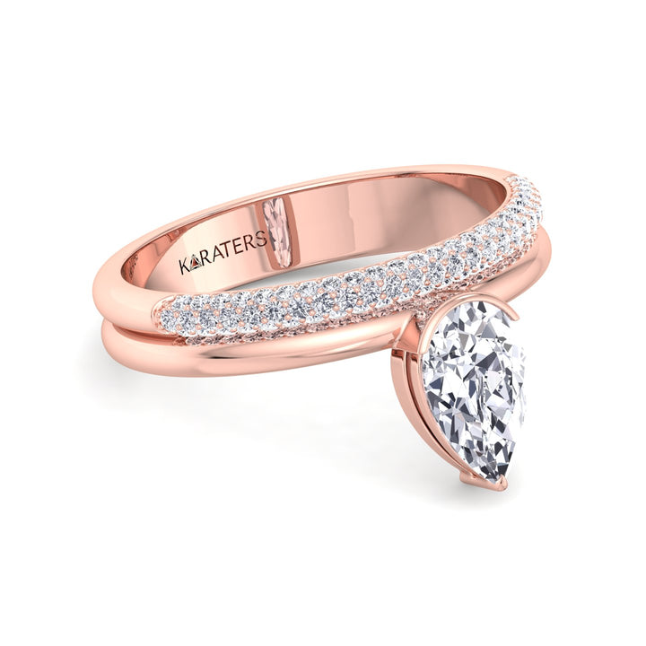 Floating Pear Shape Lab Grown Diamond Engagement Ring with Double Band Rose Gold 14K