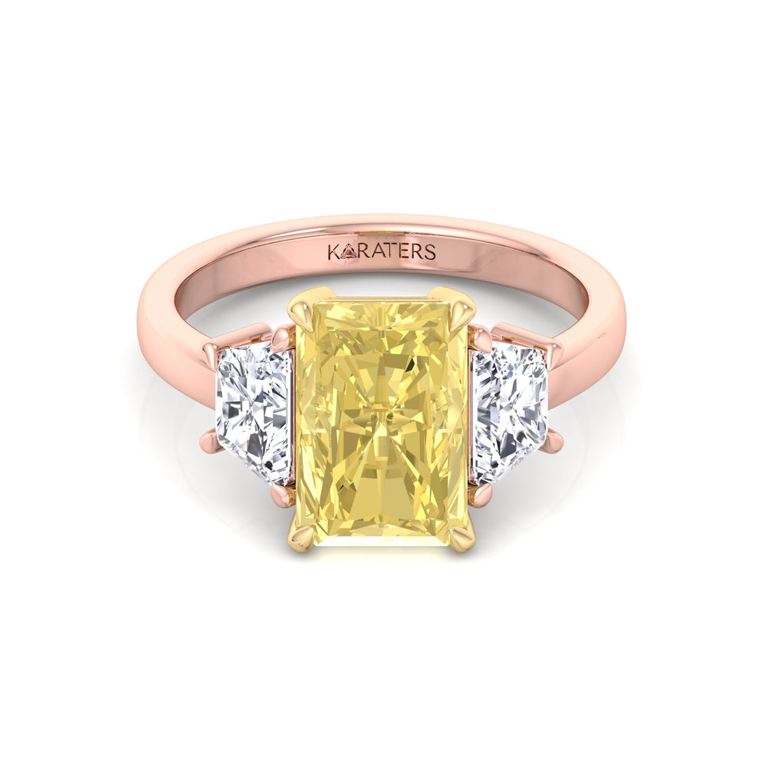 Fancy Yellow Radiant & Trapezoid Three Stone Lab-Diamond Engagement Ring Rose Gold 14K