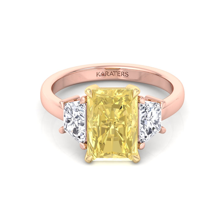 Fancy Yellow Radiant & Trapezoid Three Stone Lab-Diamond Engagement Ring Rose Gold 14K