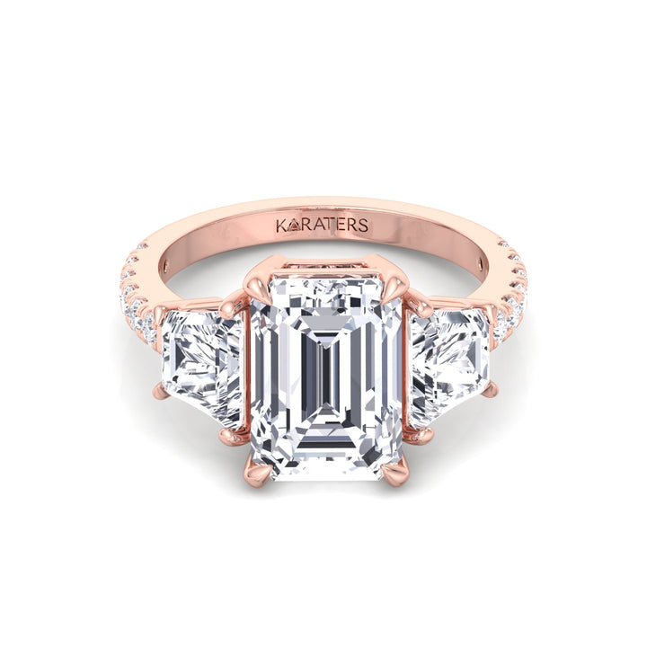 Emerald & Trapezoid Three Stone Lab-Grown Diamond Engagement Ring with Sidestones Rose Gold 14K
