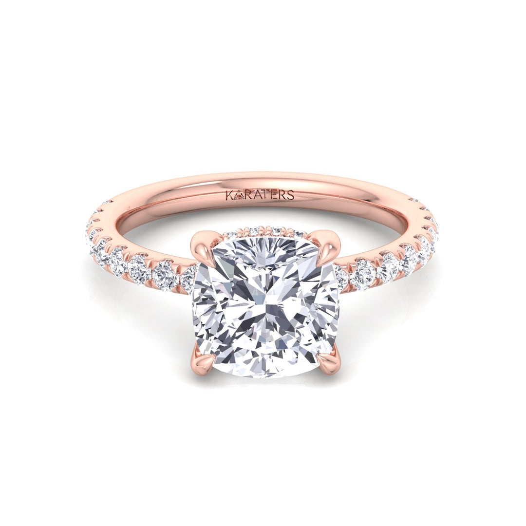 Cushion Cut Lab Grown Diamond Engagement Ring with Sidestones and Hidden Halo Rose Gold 14K