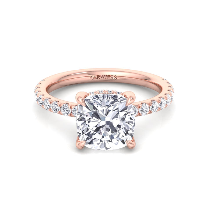Cushion Cut Lab Grown Diamond Engagement Ring with Sidestones and Hidden Halo Rose Gold 14K