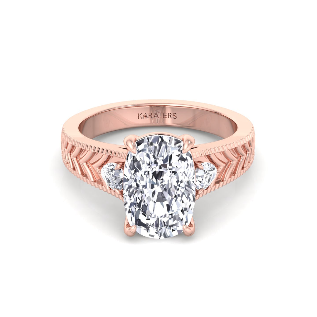 Vintage Style Elongated Cushion-Cut Lab Grown Diamond Engagement Ring with Pear Sidestones Rose Gold 14K