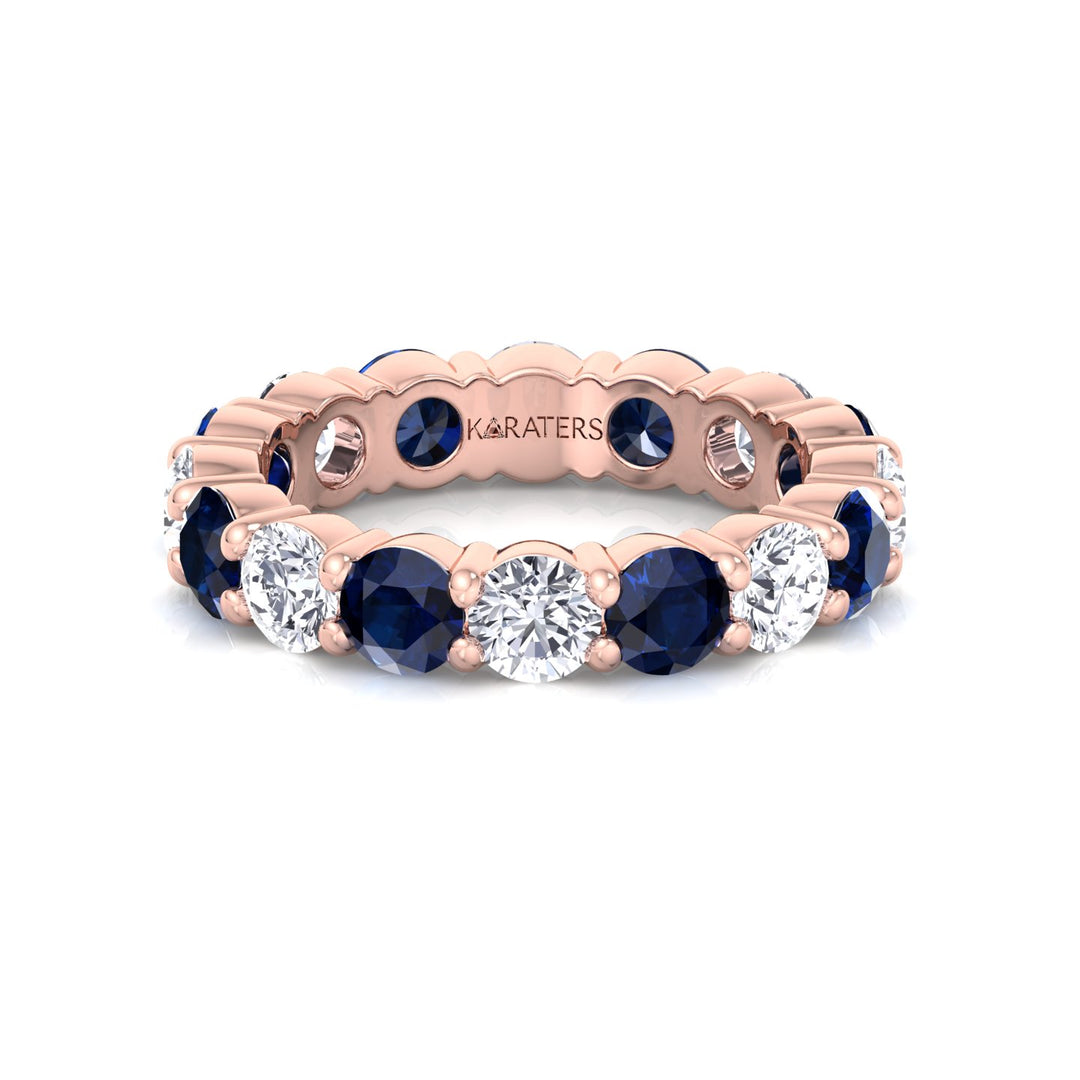 Alternating Round Shape Lab Grown Blue Sapphire and Diamonds Eternity Band Rose Gold 14K