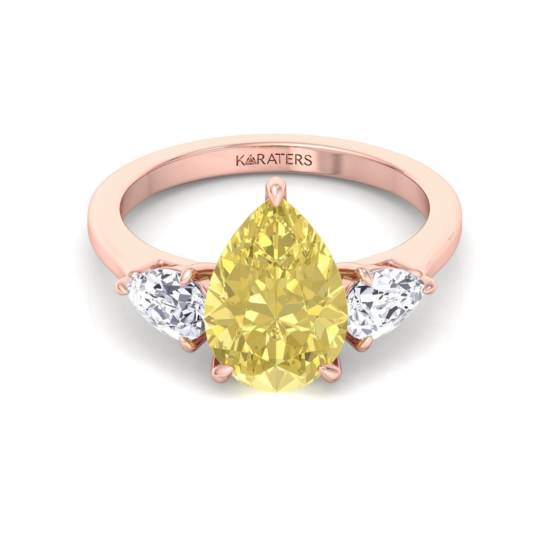 Fancy Yellow Pear Shape Lab Grown Diamond Engagement Ring with Pear Sidestones Rose Gold 14K