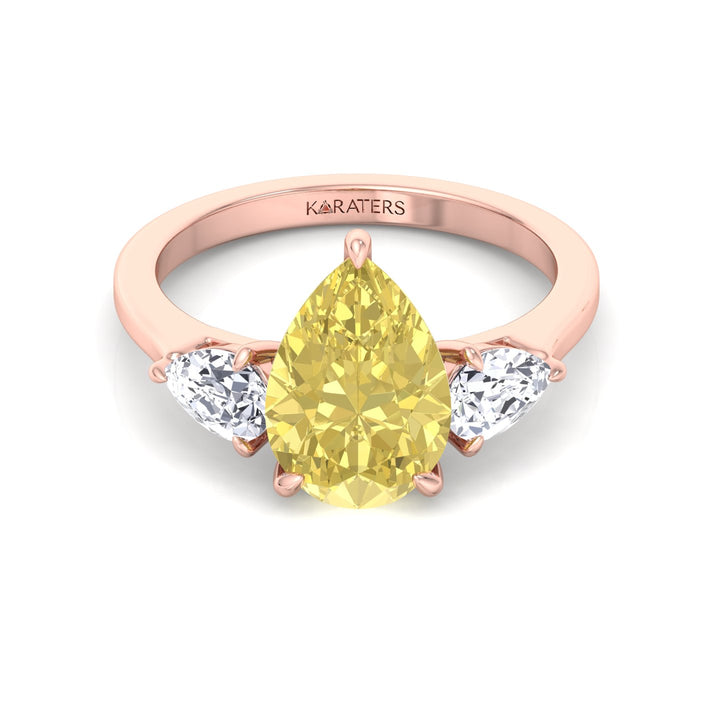Fancy Yellow Pear Shape Lab Grown Diamond Engagement Ring with Pear Sidestones Rose Gold 14K